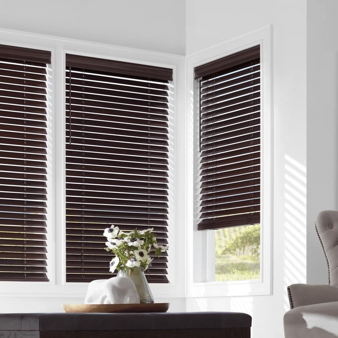 Brown blinds on windows