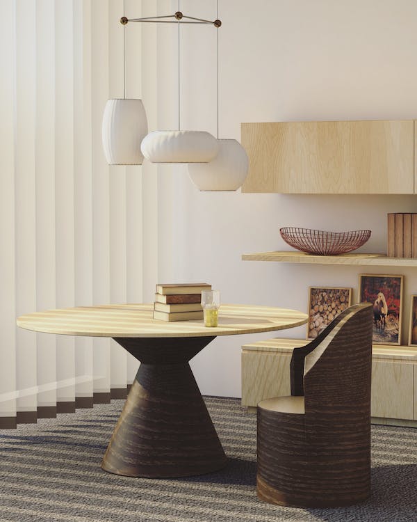 White faux wood vertical blinds in a dining room